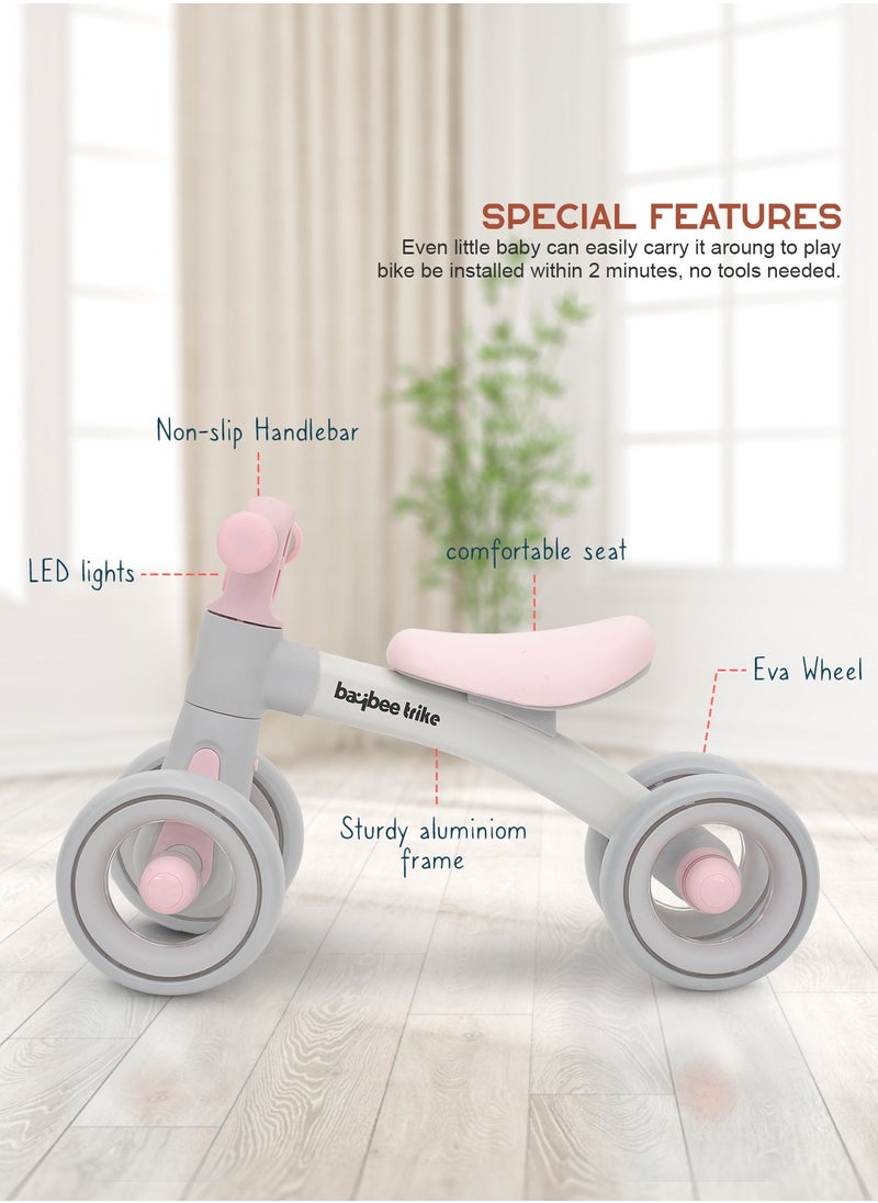 BAYBEE - Kids Balance Bike Tricycles for Kids, 4 Wheels Toddlers Bike Ride on Toy with Widened EVA Wheels & Led Light Indoor Outdoor Play Baby Balance Cycle for Kids 12 to 24 Months Boys Girls Pink - Image 1