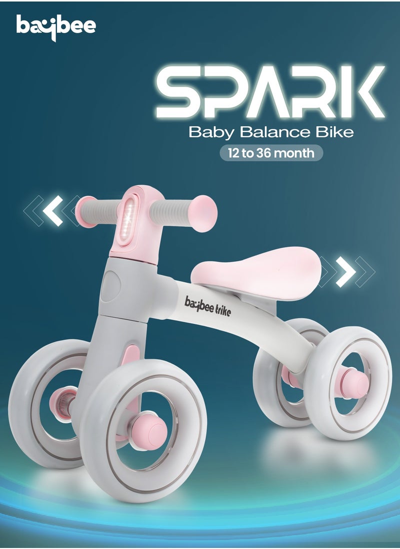 BAYBEE - Kids Balance Bike Tricycles for Kids, 4 Wheels Toddlers Bike Ride on Toy with Widened EVA Wheels & Led Light Indoor Outdoor Play Baby Balance Cycle for Kids 12 to 24 Months Boys Girls Pink - Image 1