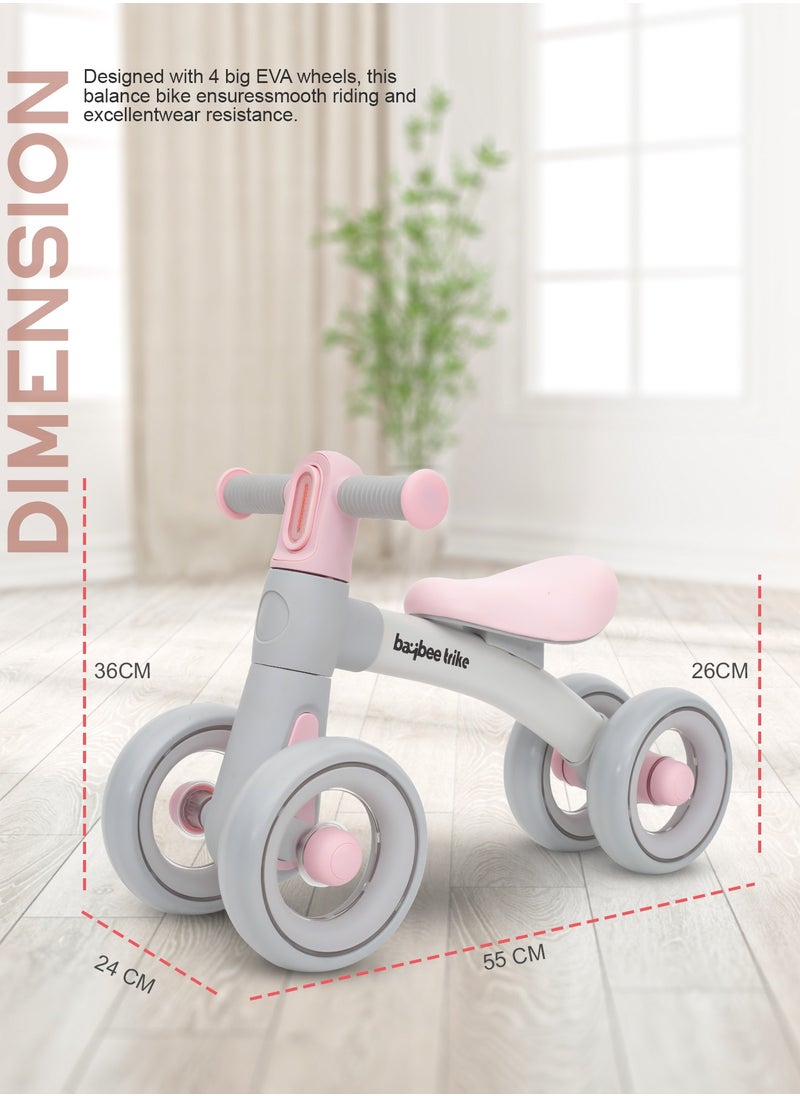 BAYBEE - Kids Balance Bike Tricycles for Kids, 4 Wheels Toddlers Bike Ride on Toy with Widened EVA Wheels & Led Light Indoor Outdoor Play Baby Balance Cycle for Kids 12 to 24 Months Boys Girls Pink - Image 1