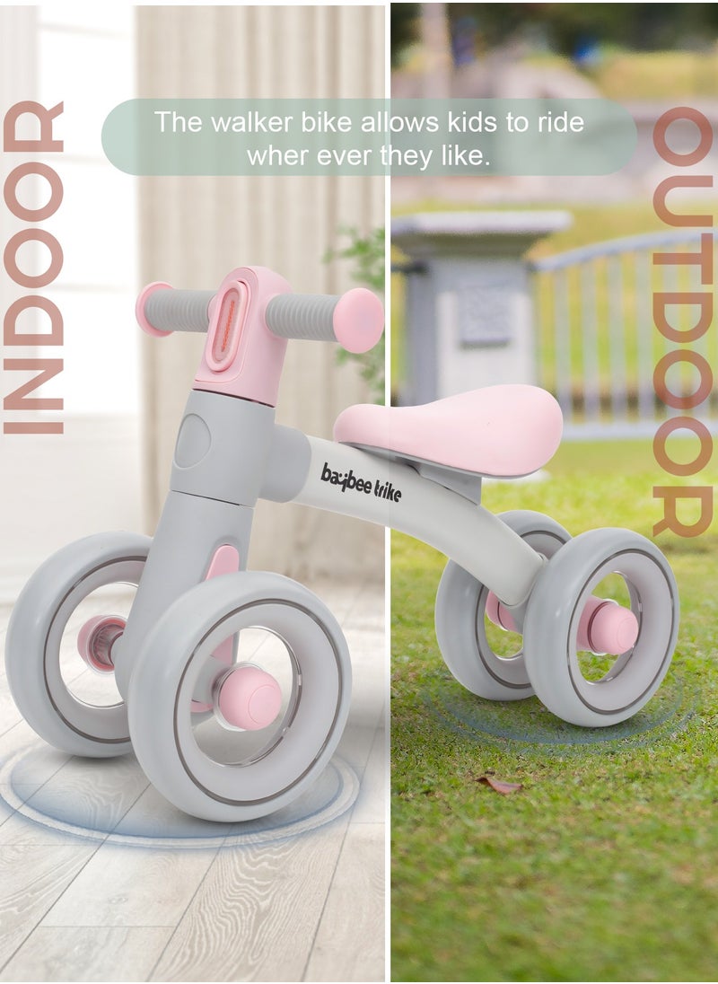 BAYBEE - Kids Balance Bike Tricycles for Kids, 4 Wheels Toddlers Bike Ride on Toy with Widened EVA Wheels & Led Light Indoor Outdoor Play Baby Balance Cycle for Kids 12 to 24 Months Boys Girls Pink - Image 1