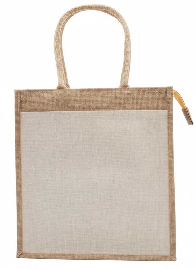 12 PIECES - Jute Shopping Tote Bag with Cotton Pocket,Two-Tone Zipper Closure (NATURAL JUTE/CREAM CANVAS WITH ZIPPER) 32 X 38 X 15 - Image 1