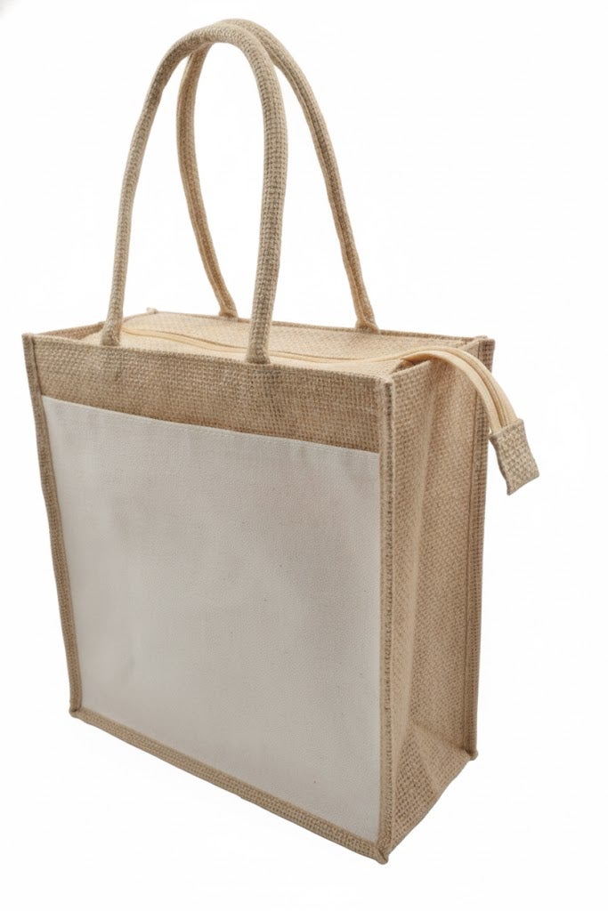 12 PIECES - Jute Shopping Tote Bag with Cotton Pocket,Two-Tone Zipper Closure (NATURAL JUTE/CREAM CANVAS WITH ZIPPER) 32 X 38 X 15 - Image 2