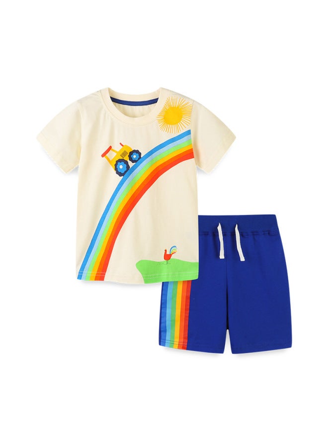 Boys Cartoon Print Knit Cotton Short Sleeve Set – Round Neck