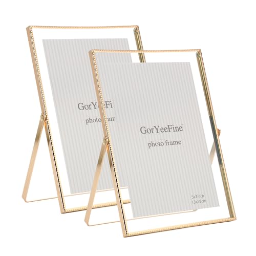 GorYeeFine إطار عائم ذهبي 5x7 بوصة مجموعة من 2، لأحجام الصور (3.5 x5 بوصة، 4x 6 بوصة حتى 5x7 بوصة)، إطارات معدنية جميلة بحواف دانتيل قابلة للتعديل، خيار هدية أنيق لحفل الزفاف - Image 1