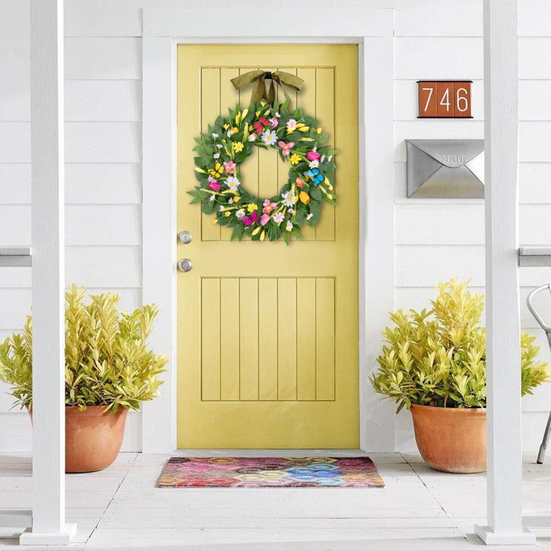 U'Artlines 22 Inch Tulip Wreath for Front Door, Spring Summer Silk Wreath with Green Leaves Colorful Butterfly Artificial Tulip Flower Wreaths for All Seasons Window Wall Wedding Valentines Day Decor - Image 2