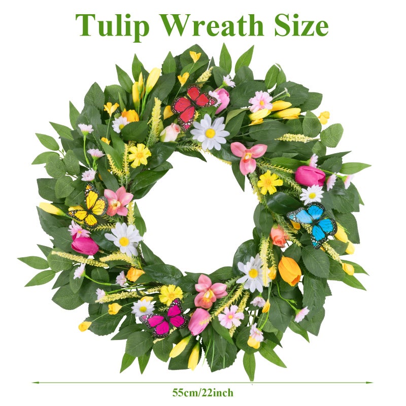 U'Artlines 22 Inch Tulip Wreath for Front Door, Spring Summer Silk Wreath with Green Leaves Colorful Butterfly Artificial Tulip Flower Wreaths for All Seasons Window Wall Wedding Valentines Day Decor - Image 5