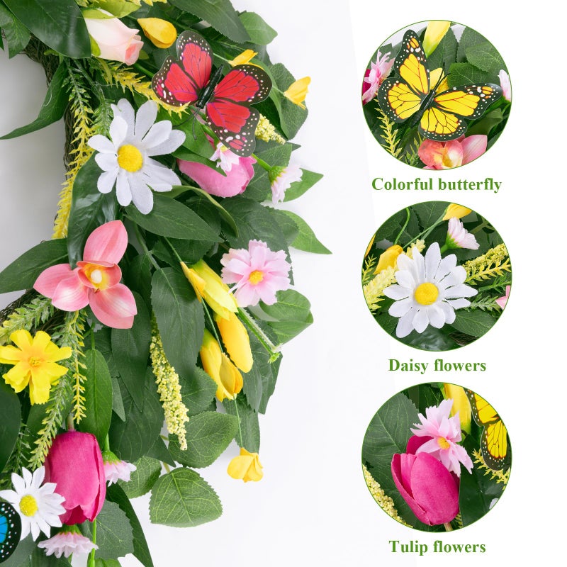 U'Artlines 22 Inch Tulip Wreath for Front Door, Spring Summer Silk Wreath with Green Leaves Colorful Butterfly Artificial Tulip Flower Wreaths for All Seasons Window Wall Wedding Valentines Day Decor - Image 4