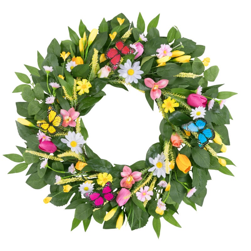 U'Artlines 22 Inch Tulip Wreath for Front Door, Spring Summer Silk Wreath with Green Leaves Colorful Butterfly Artificial Tulip Flower Wreaths for All Seasons Window Wall Wedding Valentines Day Decor - Image 1