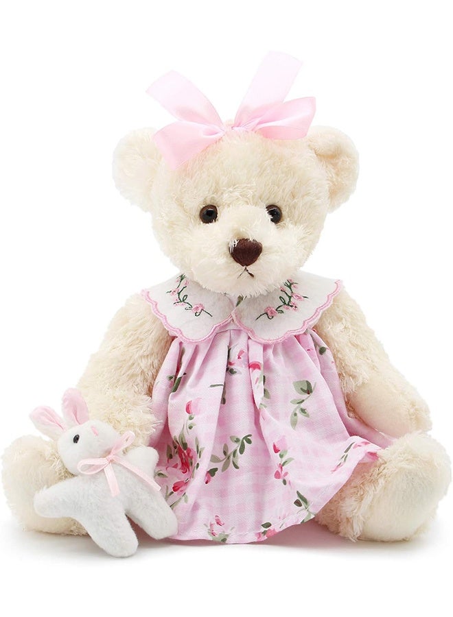 دمية دب صغيرة محشوة بقطعة قماش، حيوان محشو لطيف، لعبة قطيفة ناعمة 10 بوصات (فستان وردي مع أرنب) - Image 1