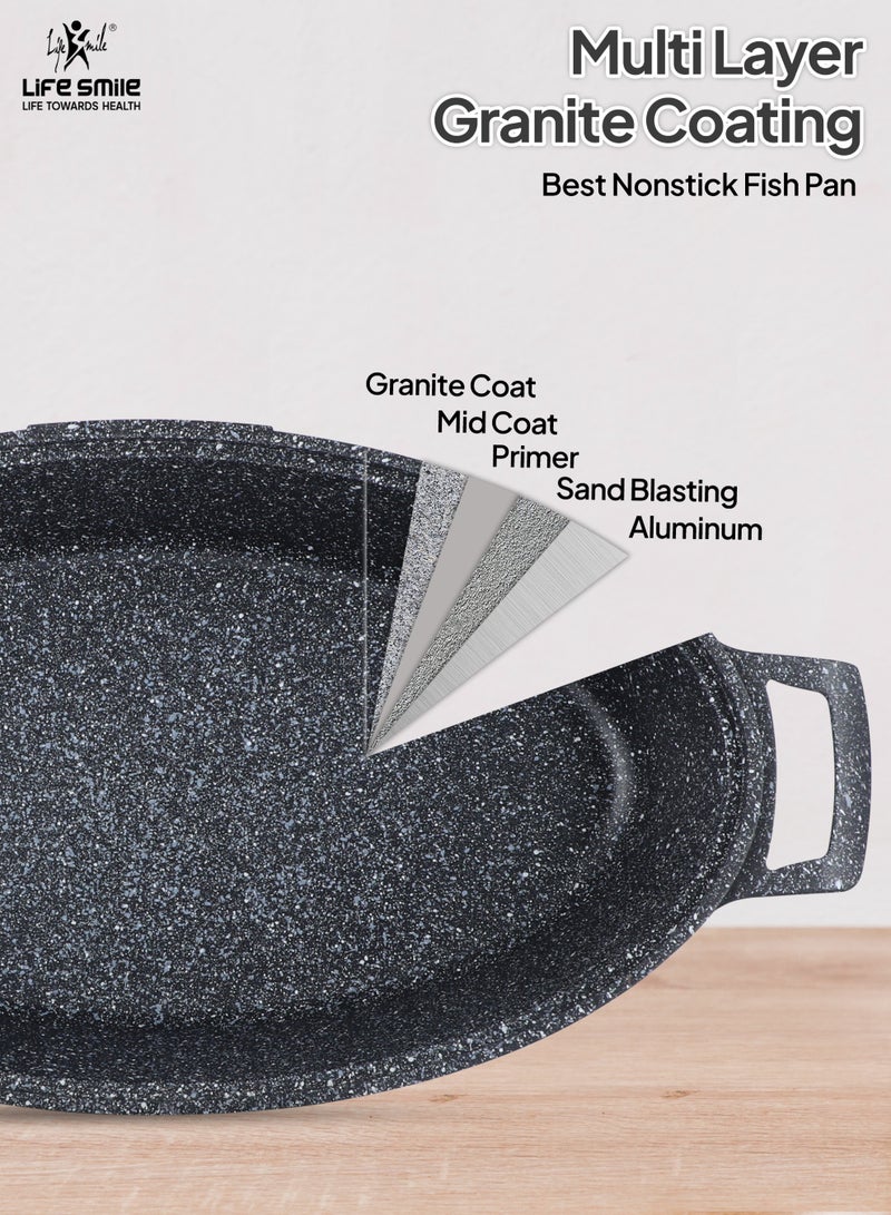 Life Smile 42cm (5.4L) Nonstick Fry Pan-Shallow Fish Frying Pan With lid , Granite Coating Non Stick Oval Frying pan - Fish Pan, 100% PFOA FREE Cookware, Oven Safe Nonstick Pan - Image 4
