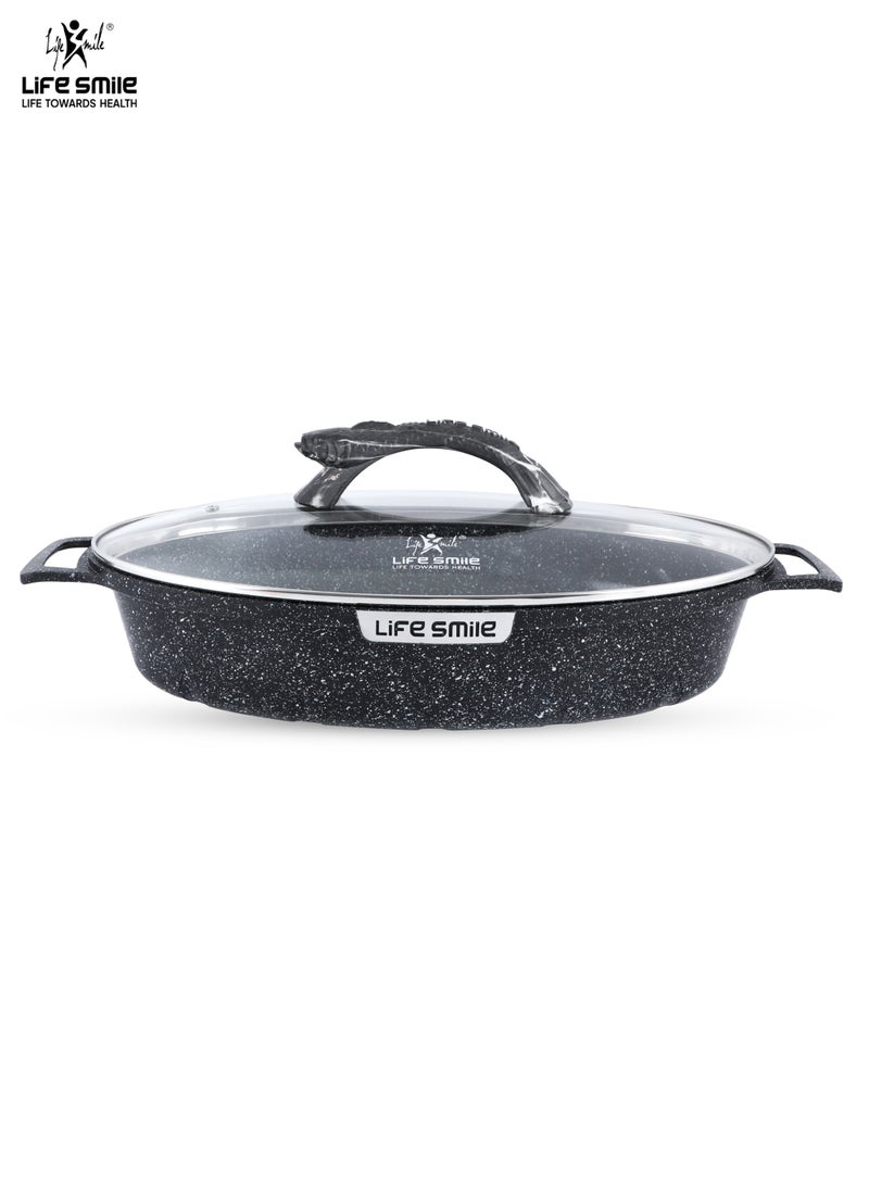 Life Smile 42cm (5.4L) Nonstick Fry Pan-Shallow Fish Frying Pan With lid , Granite Coating Non Stick Oval Frying pan - Fish Pan, 100% PFOA FREE Cookware, Oven Safe Nonstick Pan - Image 1