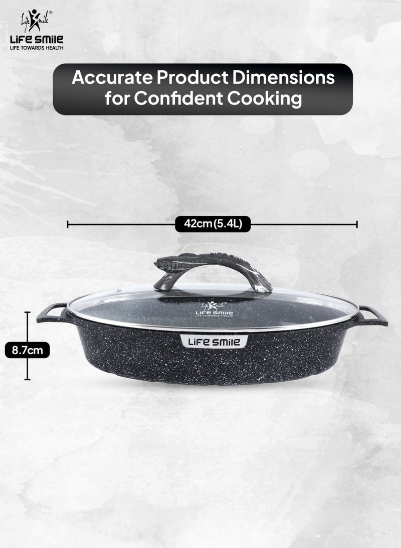 Life Smile 42cm (5.4L) Nonstick Fry Pan-Shallow Fish Frying Pan With lid , Granite Coating Non Stick Oval Frying pan - Fish Pan, 100% PFOA FREE Cookware, Oven Safe Nonstick Pan - Image 3