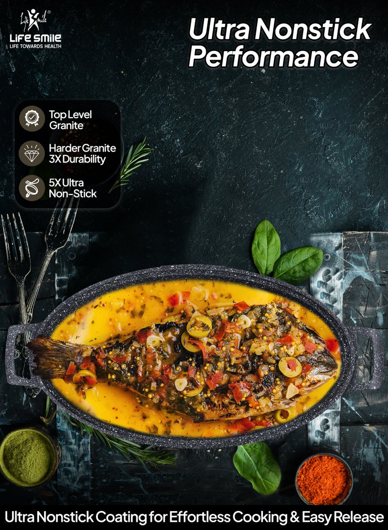Life Smile 42cm (5.4L) Nonstick Fry Pan-Shallow Fish Frying Pan With lid , Granite Coating Non Stick Oval Frying pan - Fish Pan, 100% PFOA FREE Cookware, Oven Safe Nonstick Pan - Image 5