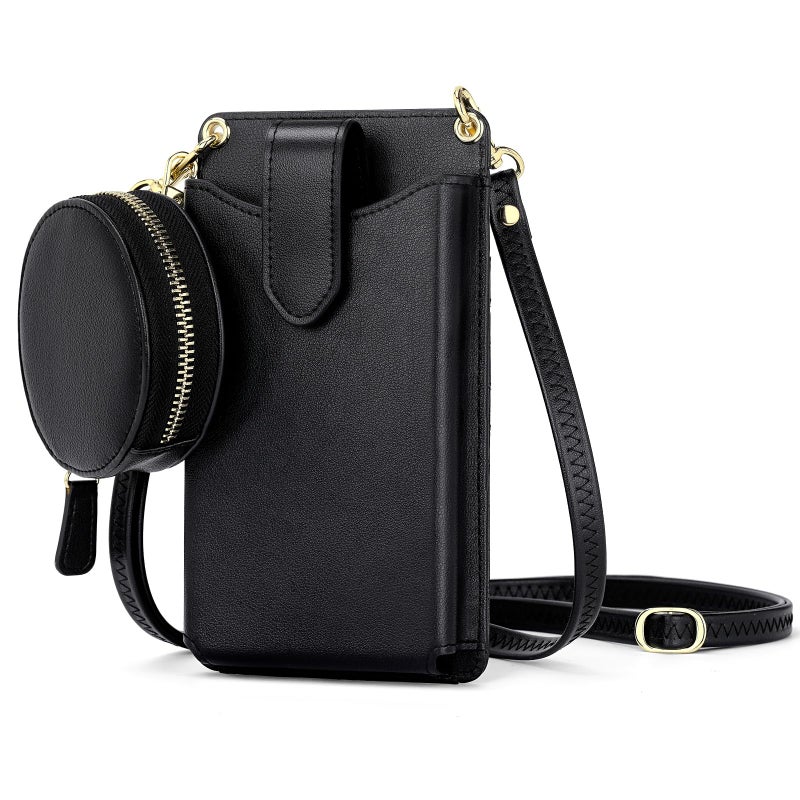 Peacocktion Small Leather Cell Phone Purses for Women Travel Crossbody Bags for Women with Card Slot Round Bag Black - Image 1