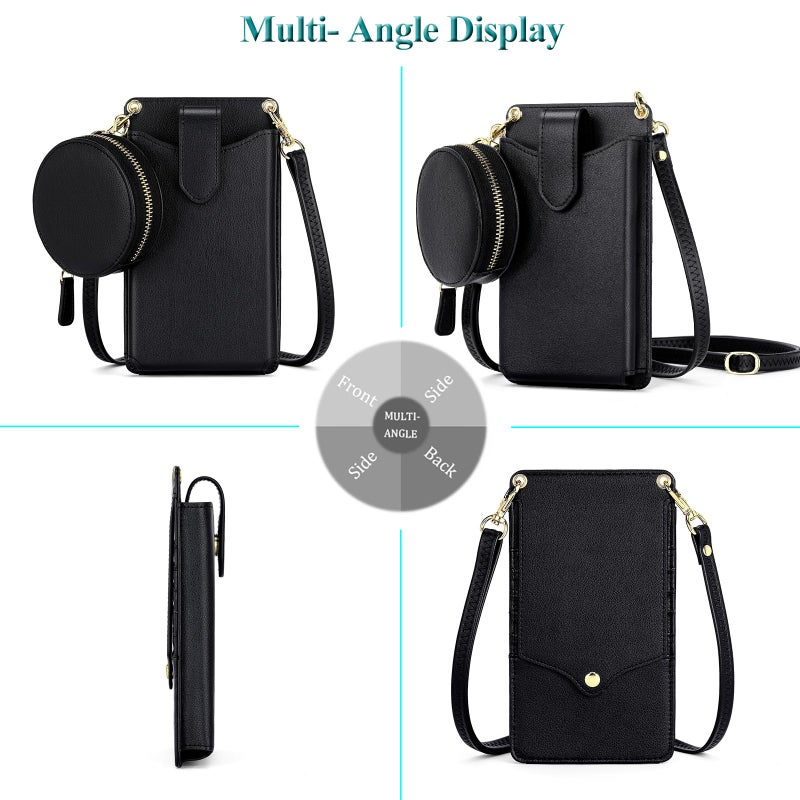 Peacocktion Small Leather Cell Phone Purses for Women Travel Crossbody Bags for Women with Card Slot Round Bag Black - Image 2