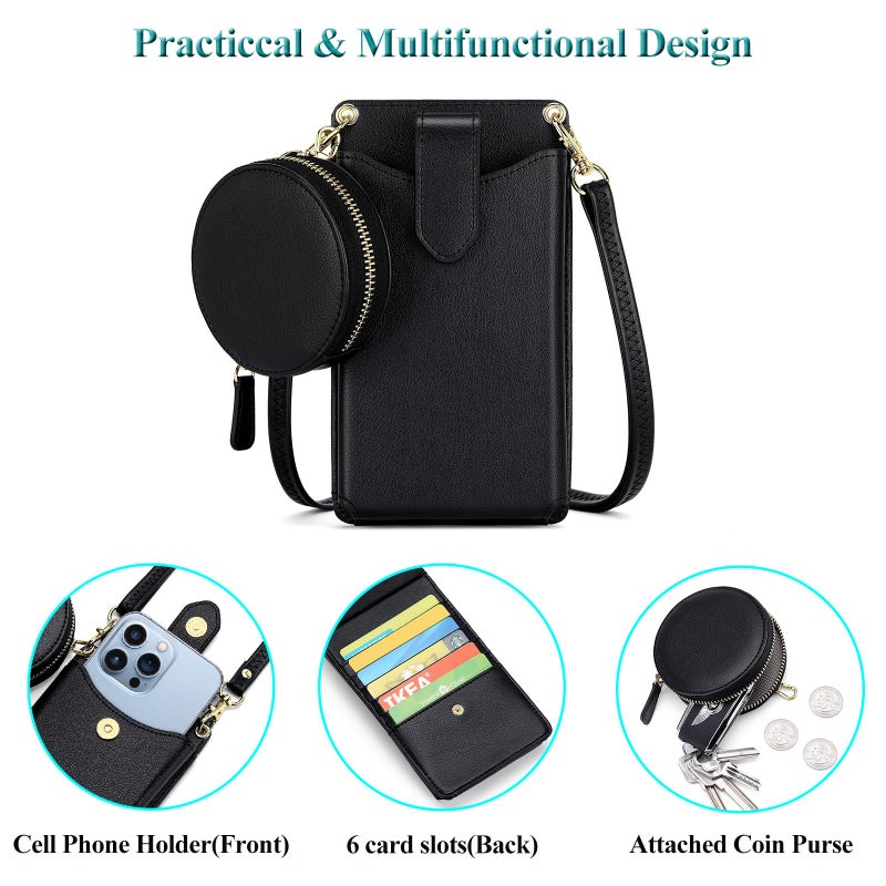 Peacocktion Small Leather Cell Phone Purses for Women Travel Crossbody Bags for Women with Card Slot Round Bag Black - Image 3