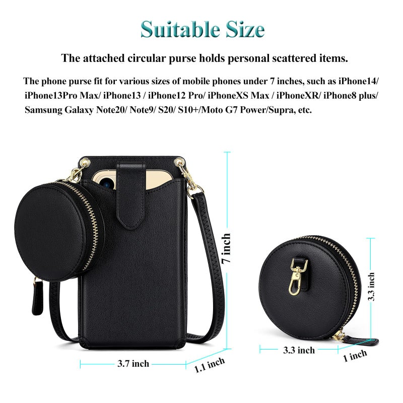 Peacocktion Small Leather Cell Phone Purses for Women Travel Crossbody Bags for Women with Card Slot Round Bag Black - Image 5