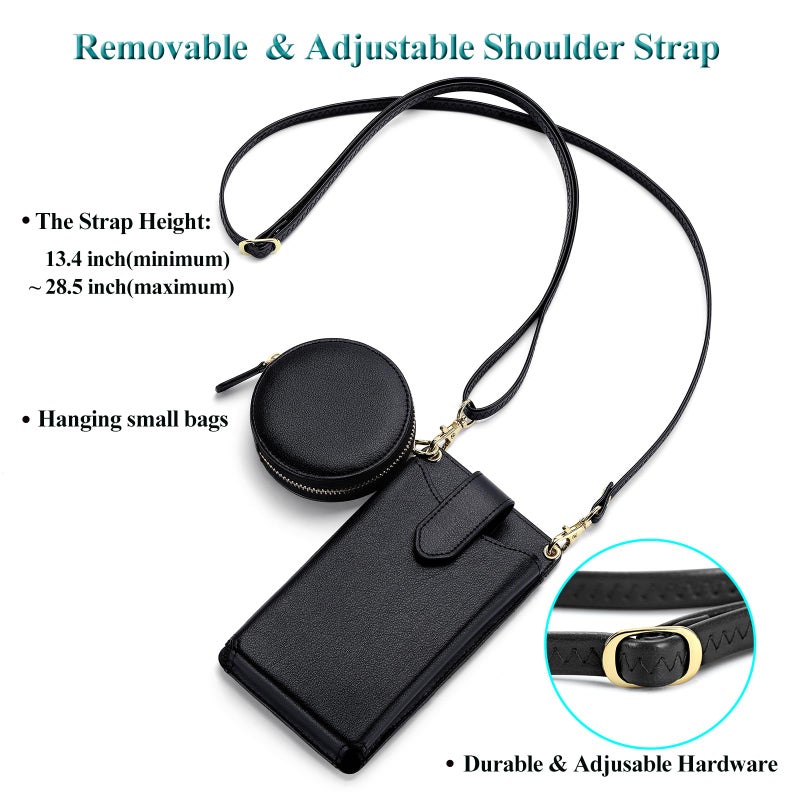 Peacocktion Small Leather Cell Phone Purses for Women Travel Crossbody Bags for Women with Card Slot Round Bag Black - Image 4