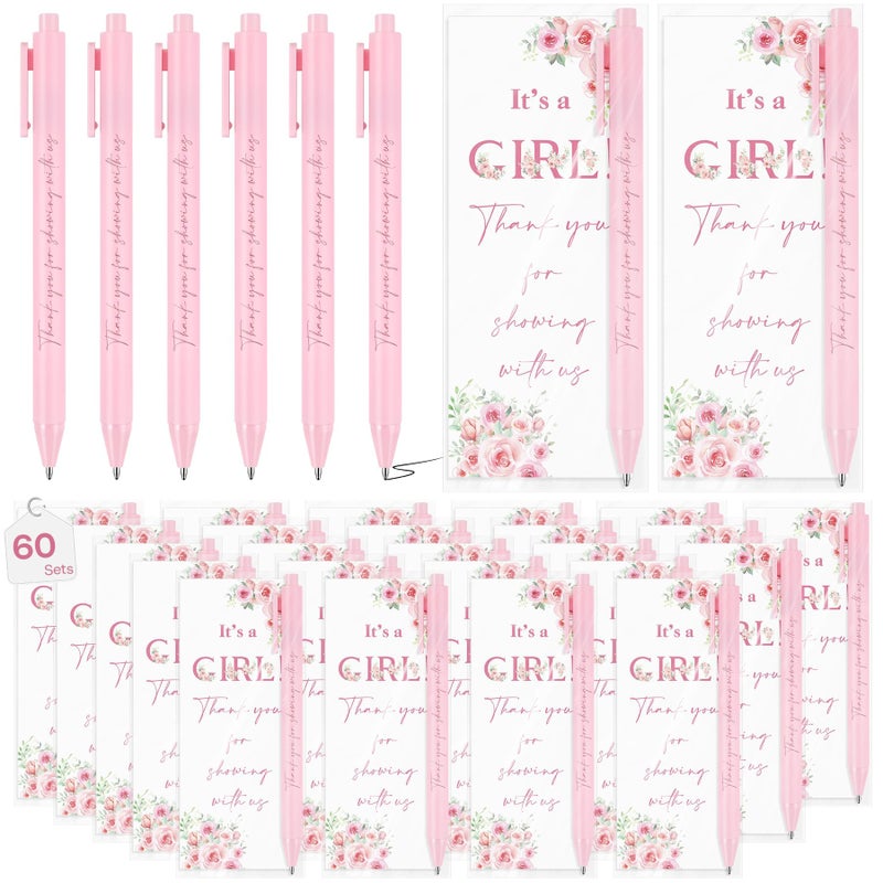 Stuffygreenus 60 Sets It's a Girl Pens for Guests Girl Party Favors Retractable Ballpoint Pen with Bookmarks Black Ink Gender Reveal Souvenirs Prizes Supplies - Image 1