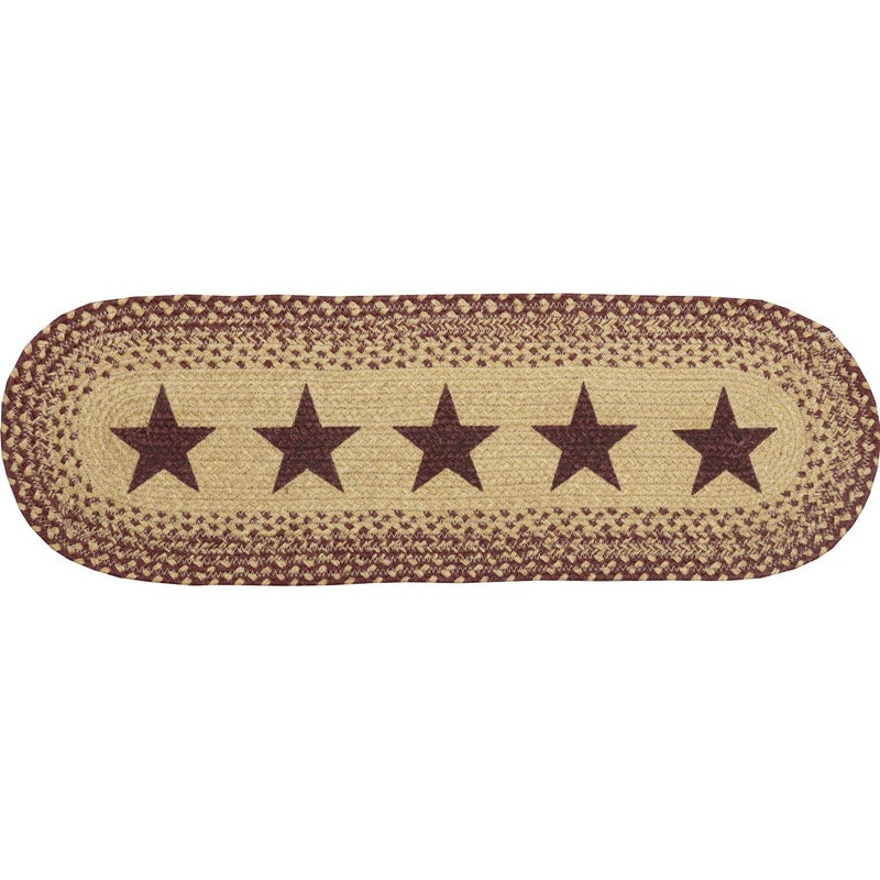 VHC Brands Classic Country Primitive Tabletop & Kitchen - Burgundy Tan Jute Red Stencil Stars Runner, 8" x 24" - Image 1