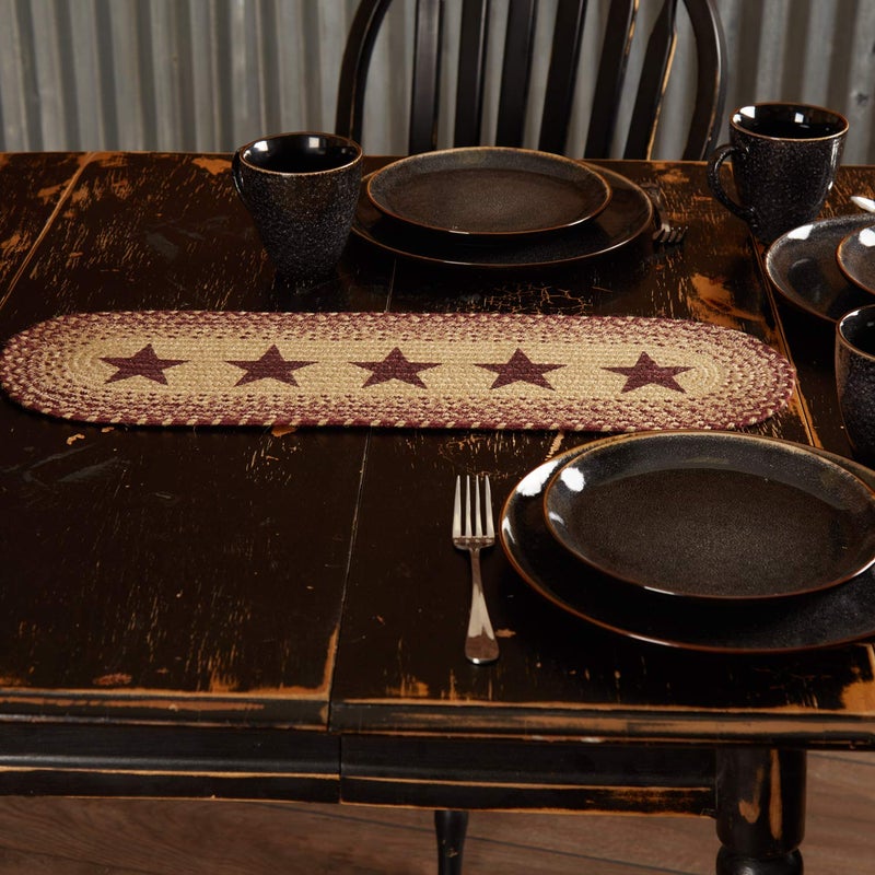 VHC Brands Classic Country Primitive Tabletop & Kitchen - Burgundy Tan Jute Red Stencil Stars Runner, 8" x 24" - Image 4