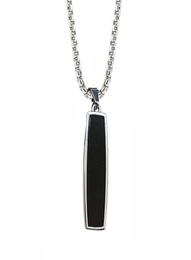 Ervio Minimalist Black Onyx Bar Pendant Necklace for Men | Sterling Silver Tone Long Chain with Rectangular Enamel Pendant | Stylish Hip Hop Inspired Men’s Fashion Jewelry for Casual - Image 1