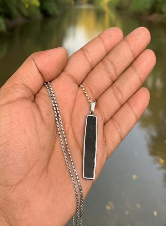 Ervio Minimalist Black Onyx Bar Pendant Necklace for Men | Sterling Silver Tone Long Chain with Rectangular Enamel Pendant | Stylish Hip Hop Inspired Men’s Fashion Jewelry for Casual - Image 5
