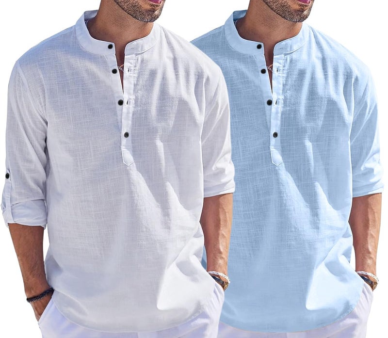 Bellstone Men's Cotton Blend Straight Kurta Shirt Combo with Mandarin Collar - Slim Fit Casual Short Kurti Set Featuring Textured Slub Fabric and Roll-Up Full Sleeves - Image 3