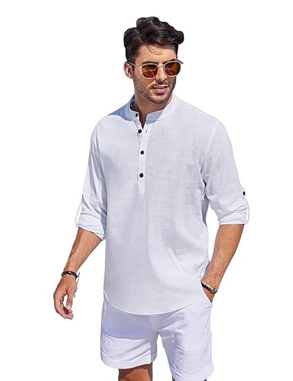 Bellstone Men's Cotton Blend Straight Kurta Shirt Combo with Mandarin Collar - Slim Fit Casual Short Kurti Set Featuring Textured Slub Fabric and Roll-Up Full Sleeves - Image 5