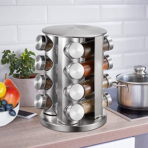Tray Spice Jar Rack Revolving Rotating Countertop, Spice Organizer, Seasoning Set, Spice Carousel Stainless Steel Stand Storage Holder with Glass Bottle for Kitchen, Hotel, Tiered Shelf (Silver-16) - Image 1