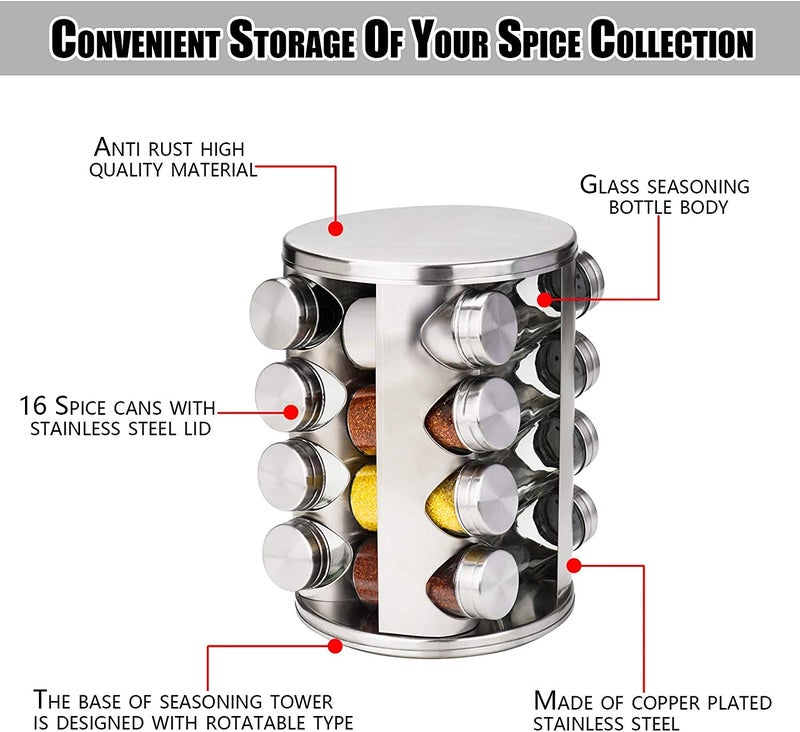 Tray Spice Jar Rack Revolving Rotating Countertop, Spice Organizer, Seasoning Set, Spice Carousel Stainless Steel Stand Storage Holder with Glass Bottle for Kitchen, Hotel, Tiered Shelf (Silver-16) - Image 4