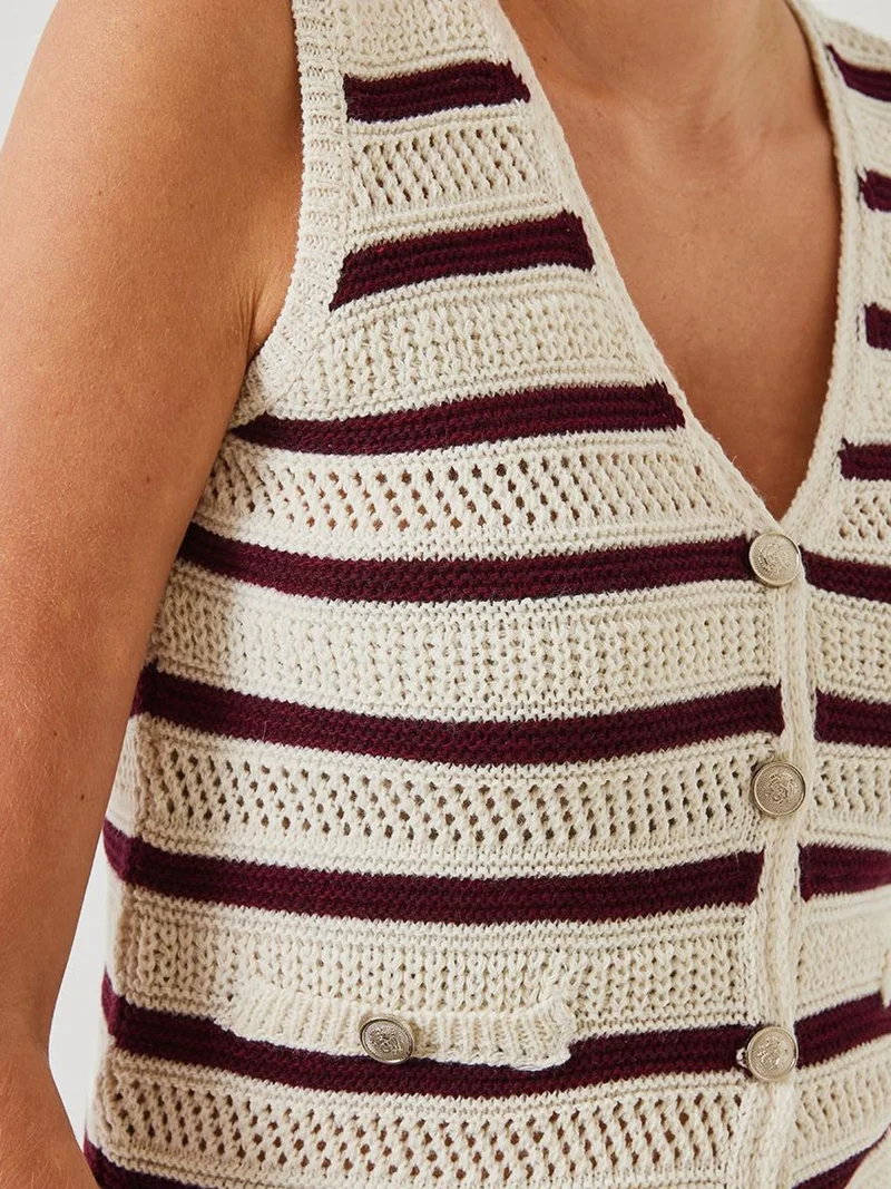 Bianco Lucci Multicolor LUCCI Striped V-Neck Crop Waistcoat with Button Closure for Women | Best Price UAE