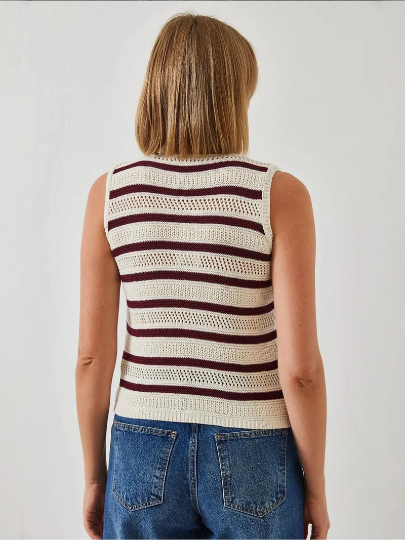 Bianco Lucci Multicolor LUCCI Striped V-Neck Crop Waistcoat with Button Closure for Women | Best Price UAE