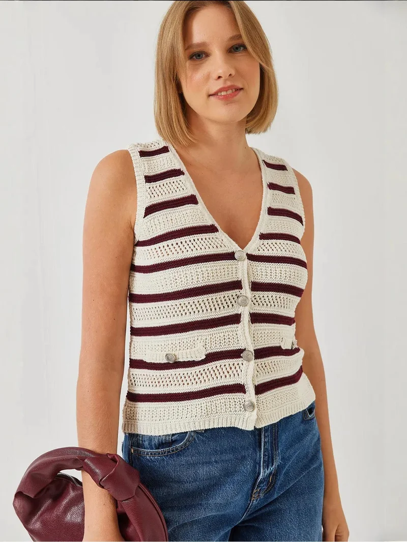 LUCCI Striped V-Neck Crop Waistcoat with Button Closure