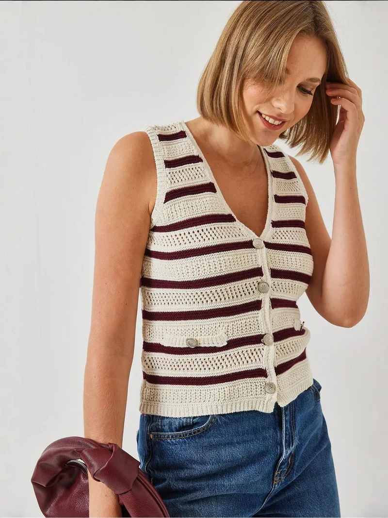 Bianco Lucci Multicolor LUCCI Striped V-Neck Crop Waistcoat with Button Closure for Women | Best Price UAE