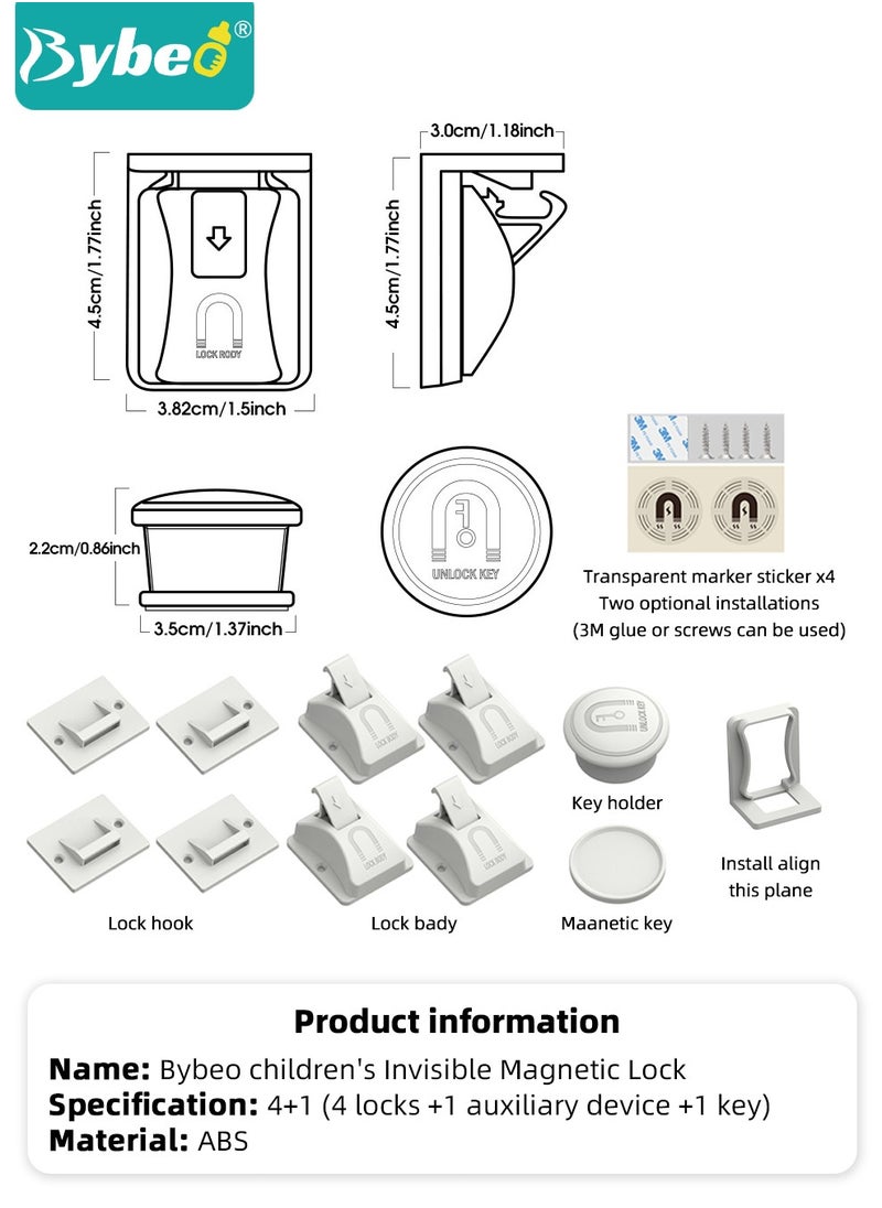 Baby Safety Magnetic Cabinet Lock, Invisible Child Safety Locks, Kids Security Locks With 4 Locks and 1 Key, for Cupboard, Drawers, 3M Adhesive Pads, No Drilling, Ideal for Toddlers Children and Kids