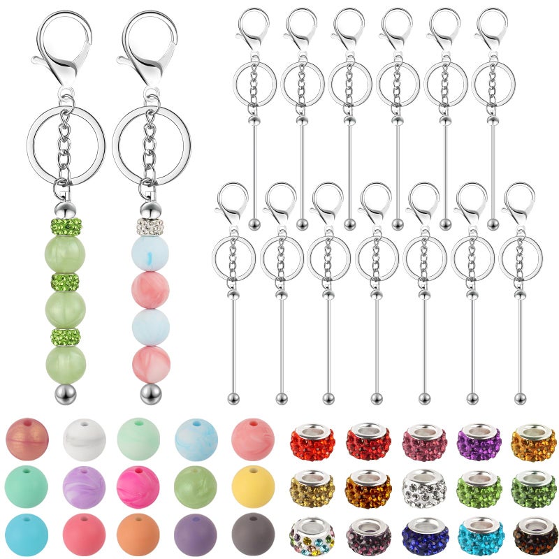 CXIIPOL 105 Pcs Beadable Keychains Set, Bulk Beadable Keychains Bars DIY Blank Keychain, Metal Beaded Keychain with Bars Silicone Beads Spacer Beads - Image 1