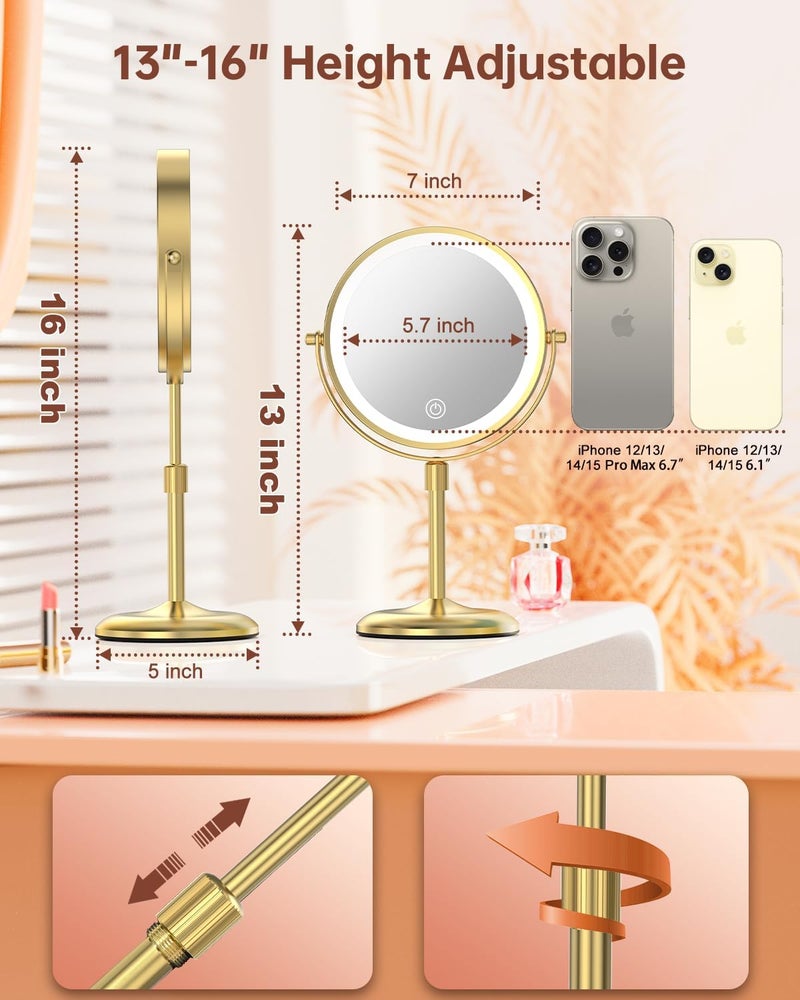 Benbilry Lighted Makeup Mirror with Adjustable Stand, [3 Color Dimmable Lights & 1X/10X Magnification & Type-C Rechargeable] 7" Double Sided Vanity Mirror, 360° Swivel Cordless Standing Mirror Gold - Image 2