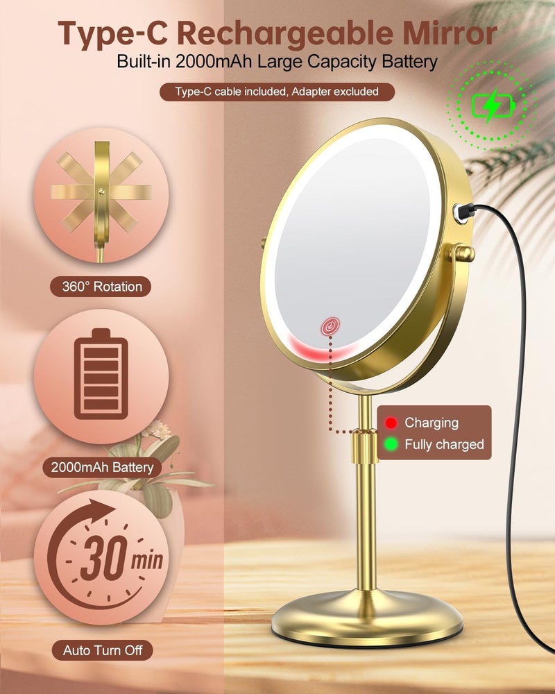 Benbilry Lighted Makeup Mirror with Adjustable Stand, [3 Color Dimmable Lights & 1X/10X Magnification & Type-C Rechargeable] 7" Double Sided Vanity Mirror, 360° Swivel Cordless Standing Mirror Gold - Image 5