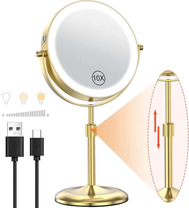 Benbilry Lighted Makeup Mirror with Adjustable Stand, [3 Color Dimmable Lights & 1X/10X Magnification & Type-C Rechargeable] 7" Double Sided Vanity Mirror, 360° Swivel Cordless Standing Mirror Gold - Image 1