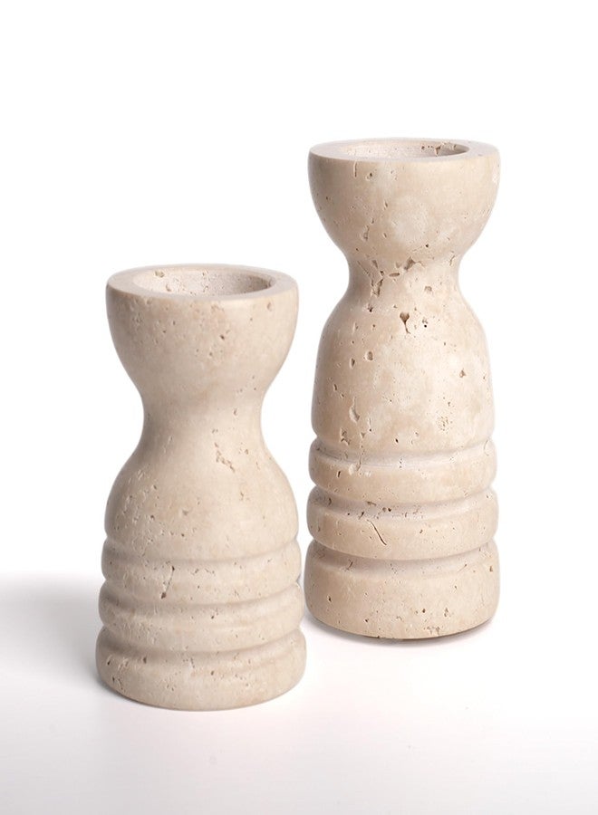 WORHE Candle Holders Italy True Natural Travertine Stone Set of 2 Premium Marble Candlestick Holder for Wedding Dinning Party Candle Stand for Dia 3/4" Taper Pillar Candles Color Beige (CH6065YL) - Image 1