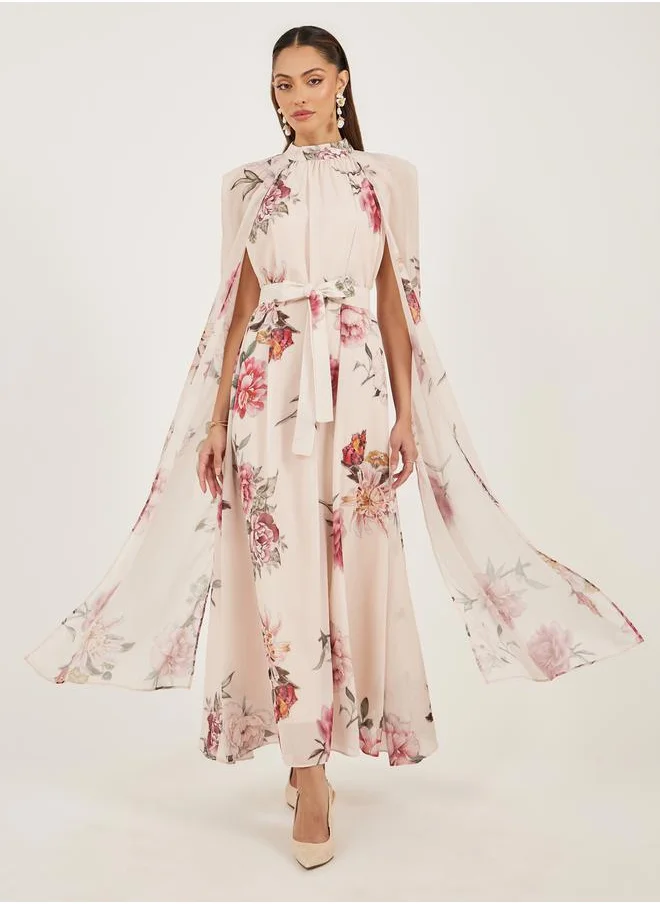 Styli Floral Print High Neck Cape Maxi Dress