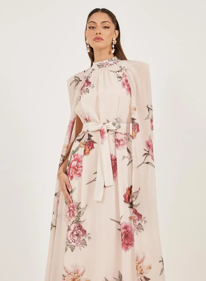 Styli beige Floral Chiffon Maxi Dress for Women | Best Price UAE
