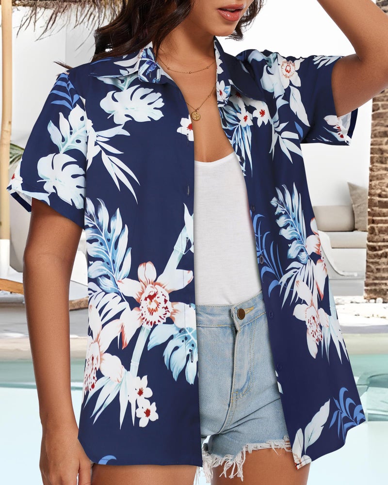 CHICGAL Women Hawaiian Shirt Button Down Summer Tops Beach Cool Short Sleeve V Neck Blouse(White Navy Leaf,L) - Image 4