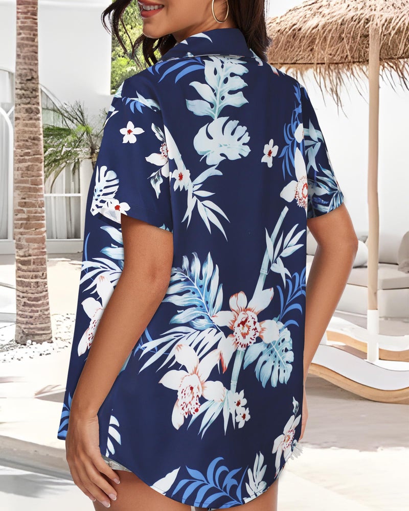 CHICGAL Women Hawaiian Shirt Button Down Summer Tops Beach Cool Short Sleeve V Neck Blouse(White Navy Leaf,L) - Image 5