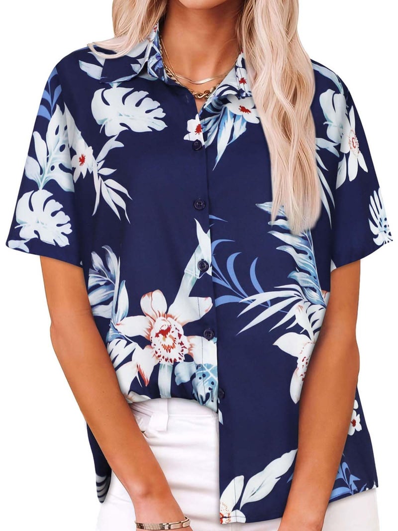 CHICGAL Women Hawaiian Shirt Button Down Summer Tops Beach Cool Short Sleeve V Neck Blouse(White Navy Leaf,L) - Image 1