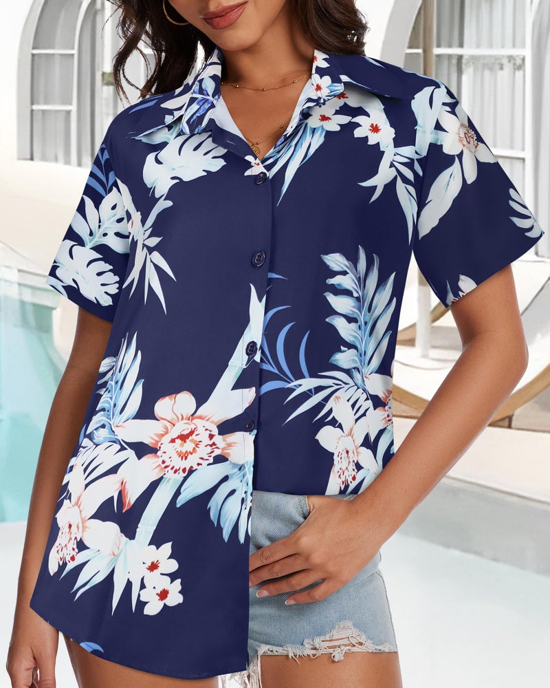 CHICGAL Women Hawaiian Shirt Button Down Summer Tops Beach Cool Short Sleeve V Neck Blouse(White Navy Leaf,L) - Image 3