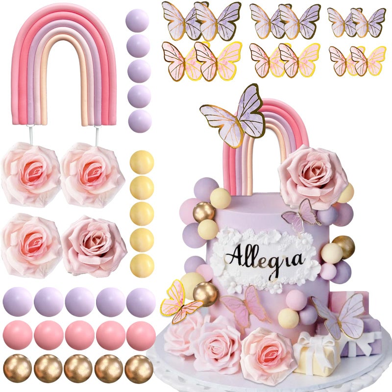 SONICEBUY 52Pcs Rainbow Cake Topper Butterflies Cake Decorations with Colorful Balls Flower Cake Toppers for Women Girls Kids Birthday Baby Shower Wedding Rainbow Flower Butterfly Themed Party Supplies - Image 2