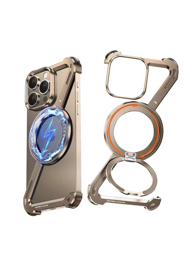 Generic Case for iPhone 16 Pro max Frameless, with Magsafe Kickstand Minimalist Rimless Metal Slim Hard Ultra Thin for iPhone 16 Pro Max Bumper Case with Ring Holder Magnetic Stand for Men, Natural 360° Rot  - Image 1