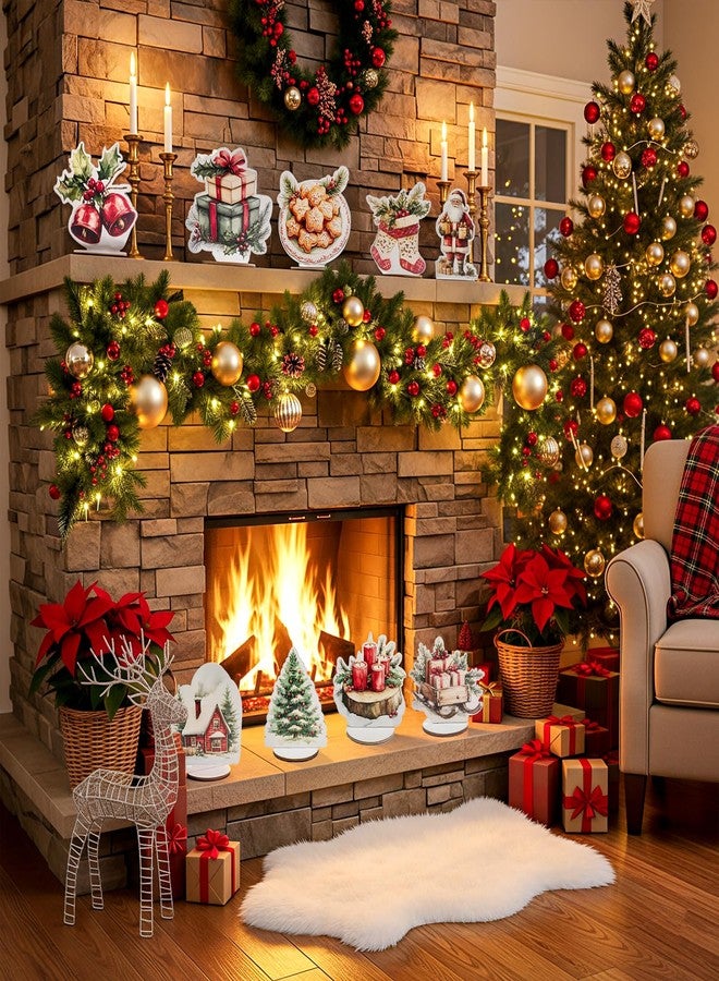 PAMBO Wooden Christmas Table Centerpiece Decorations, Holiday Ornaments with Santa, Stocking, Tree Design, 9 Piece Set with Stand - Image 4